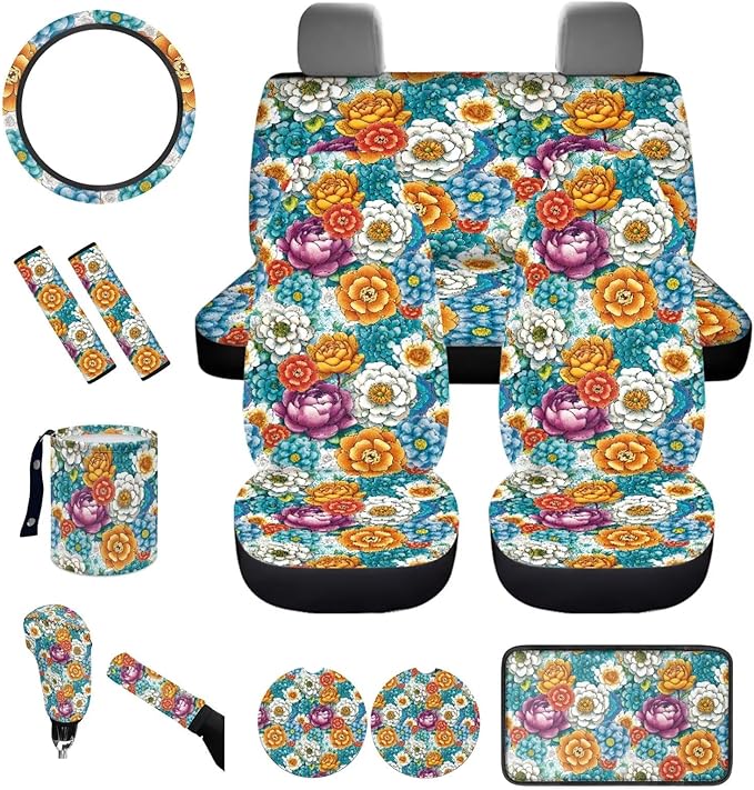 Dngkaoje Blossom Lotus Car Seat Covers Full Set 13 Pcs Universal Car Interior Accessories Hippie Flower Steering Wheel Covers Armrest Pads Handbrake Gear Cover,Fit for Most Truck SUV
