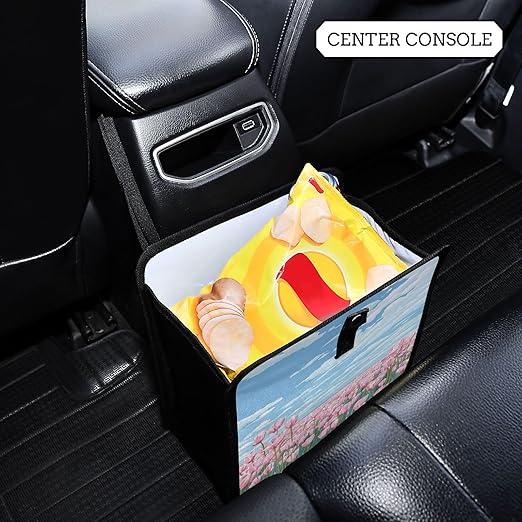 Car Trash Can Organizer Bin with Adjustable Strap for Back Front Seat Console Waterproof Leakproof Collapsible Portable 8.66 Inch Pink Tulip Field and Blue Sky