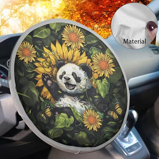 Retro Panda Sunflower Leaf Pattern Steering Wheel Sunshade Cover for SUV Truck Van Car Steering Wheel Sunblock Cover Car Steering Wheel Cover Car Interior Accessories
