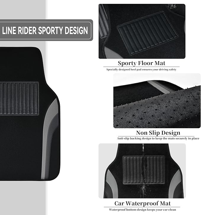 CAR PASS Leather Waterproof Sporty Car Floor Mats Carpet,Universal Automotive Floor Mat Fit for Sedans, Cars, Mid Trucks, Vans, SUV, Set of 4 (Black and Gray)