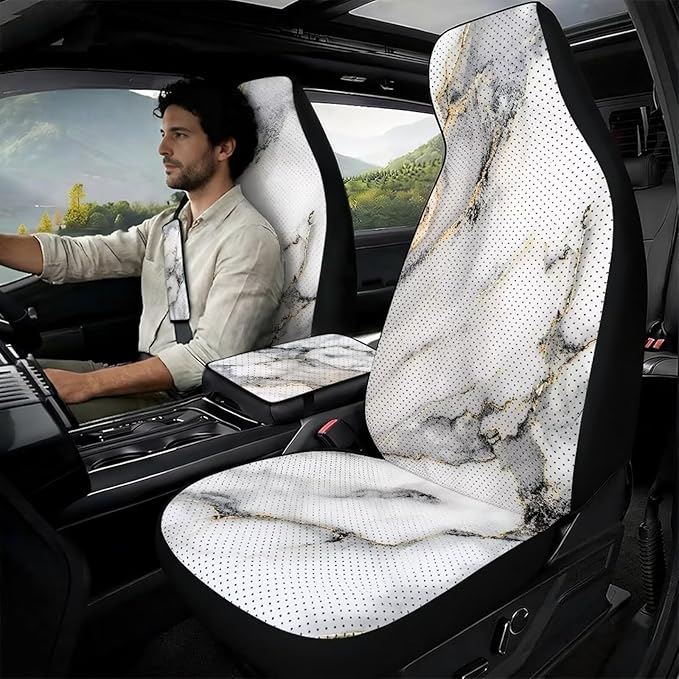Psesaysky White Marble 2PCS Leather Car Seat Covers for Front Seats + 2 Seat Belt Covers + 1 Armrest Cover, Universal Fit for Cars Trucks SUVs (5PCS Full Set)