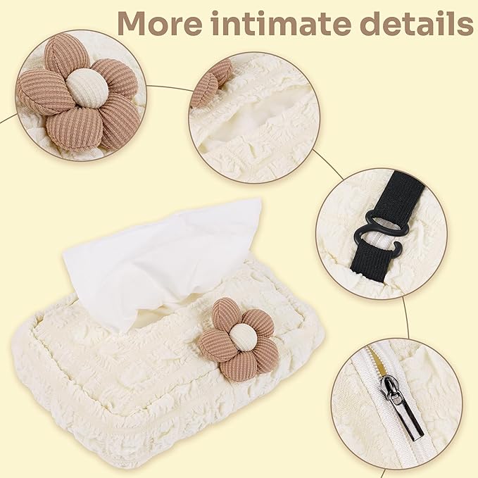 Lace Car Tissue Holder, Cute Flower Napkin Dispenser for Visor & Backseat, Hanging Soft Paper Storage Bag, Aesthetic Car Interior Accessories for Women (Cream White)