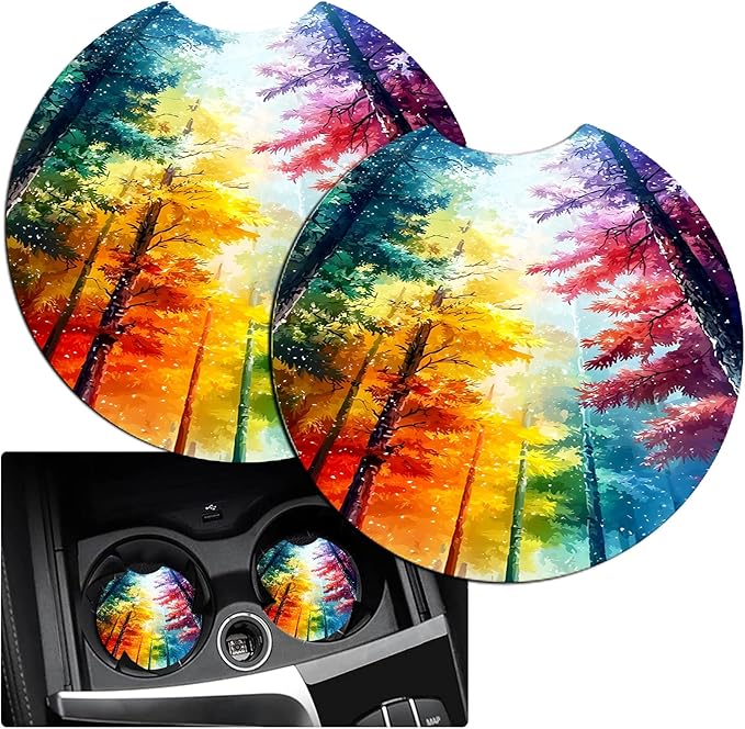 JANENFNA Car Armrest Cover Pads Universal Fashion Cute Auto Center Console Armrest Cover Pad with 2PCS Car Coasters Soft Waterproof Car Armrest Seat Protector for Women,Colorful Forest-A