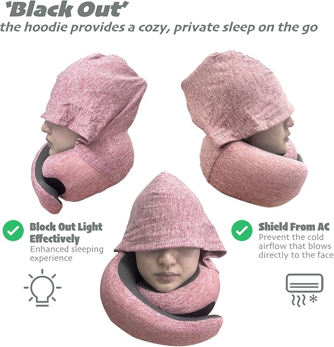 LuxeVoy 2025 Travel Neck Pillow with Stowable Hood,Ergonomic Neck Pillow Airplane,Premium Memory Foam,360º Contoured Design,Washable Cover,Complete Travel Set,for Flight,Car and Office (Pink)