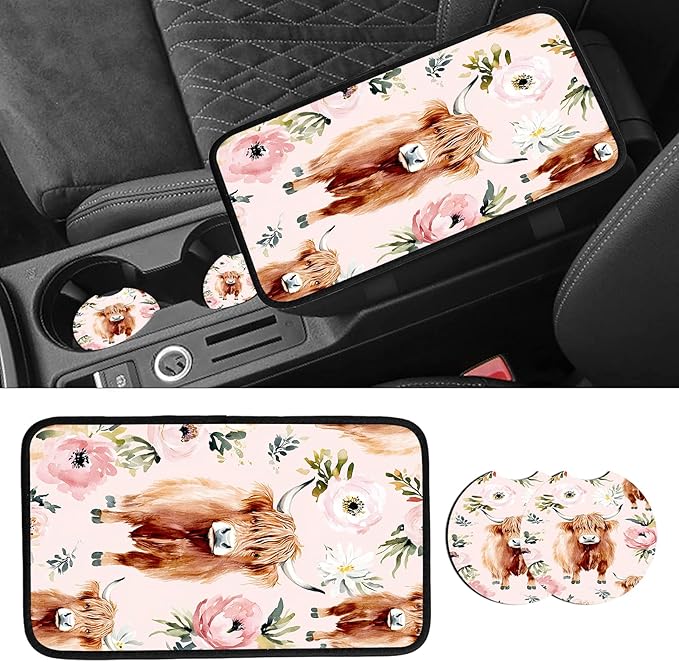JANENFNA Car Armrest Cover Pads Universal Fashion Cute Auto Center Console Armrest Cover Pad with 2PCS Car Coasters Soft Waterproof Car Armrest Seat Protector for Women,Highland Cow with Flower