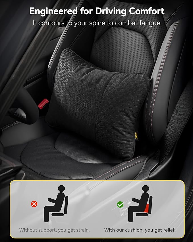 3W Lumbar Pillow for Car, Bid-Fleece Filling, Breathable & Washable Suede Cover, Support for Car Seat Cushion, Lower Back Support Fits Most Cars(Black)