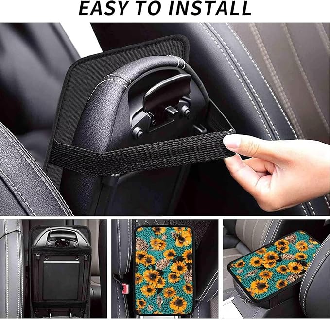 Center Console Cover Sunflower Flower Armrest Lid Cushion Pad Blue Leopard Arm Rest Cover Girly Car Accessories