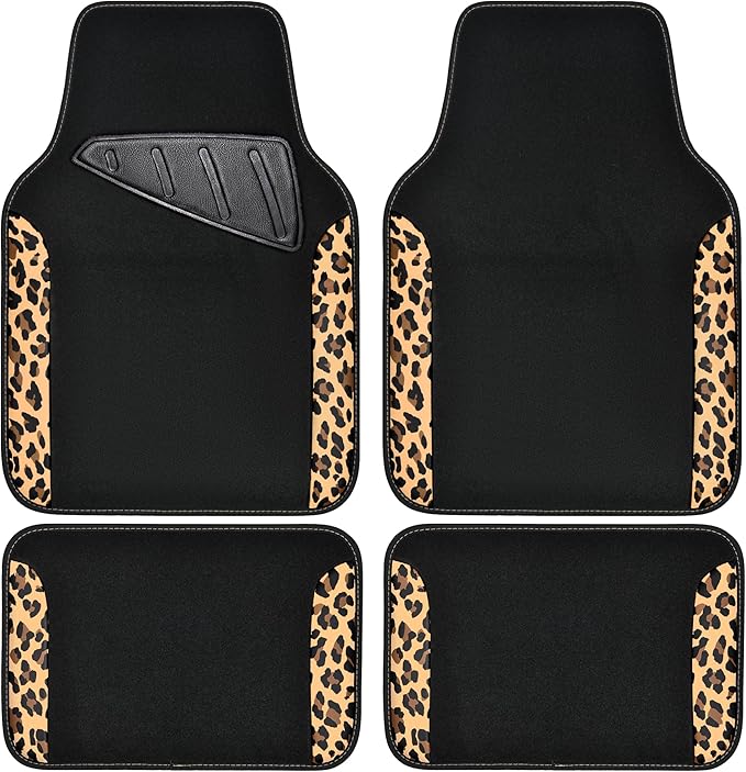 CAR PASS Waterproof Universal Fit Car Floor Mats, Leopard Print Car Mats Fit for SUV,Vans,sedans, Trucks,Set of 4pcs Car Carpet with Driver Heel Pad and Nibs Backing,for Cute Women Girl Brown Leopard
