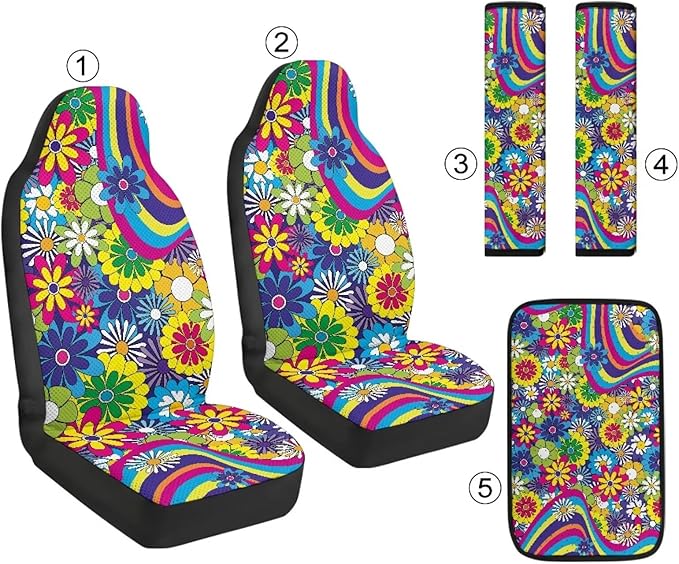 Psesaysky Hippie Flower Auto Accessories Decor Set of 5, Leather Armrest Covers, 2 Piece Seabelt Pads, Breathable Front Seat Protectors Universal Fit for Car Truck SUV
