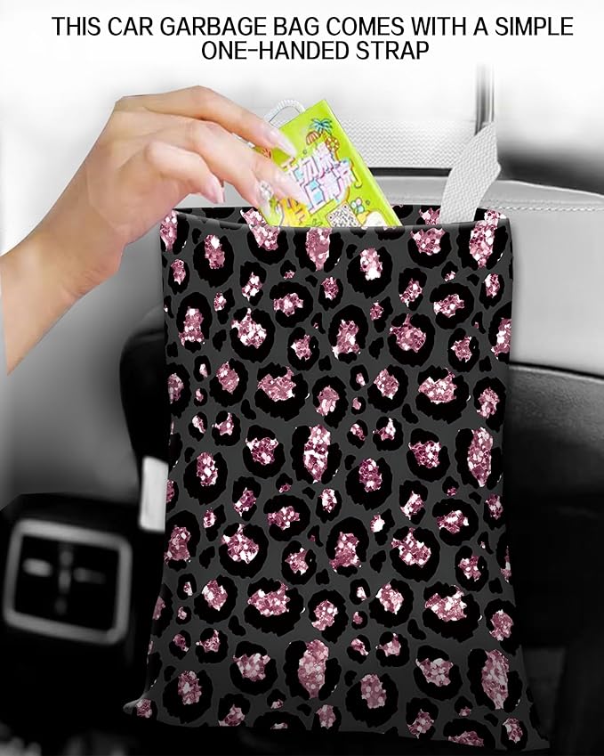 ANKVRP Car Garbage Can, Hanging Car Trash Can Bag for Vehicle, Travelling, Camping, Cute Car Back Seat Organizer, Luxury Sliver Leopard