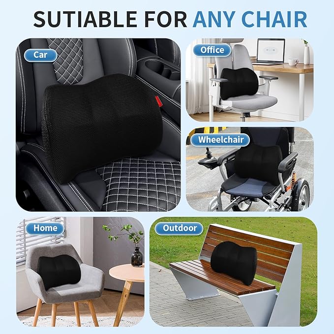 Dijialun Lumbar Support Pillow for Car, Memory Foam Back Support Lumbar Pillow for Car, Gaming, Office Chair, Ergonomic for Lower Back Pain Relief, Softness Breathable Removable Mesh Cover, Black