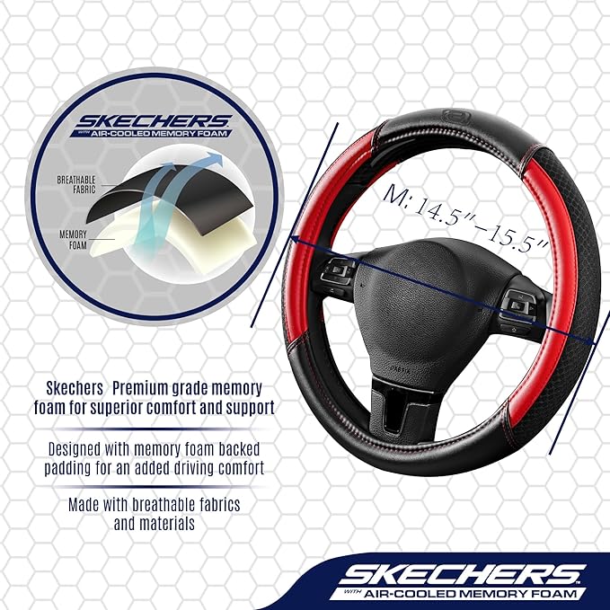 Skechers Air-Cooled Steering Wheel Cover, Leather Car Steering Wheel Cover Universal Fit 14" 1/2-15" Car Wheel Protector for Men Women Fit Suvs,Vans,Sedans,Car,Trucks,Red