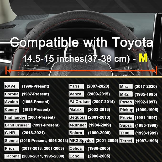 West Llama 3D Texture Steering Wheel Cover for Toyota, Anti-Slip Design, Premium Leather, Custom Fit for 14.5-15 inch, Stylish Interior Decoration(Black+Red Line-Standard Size)