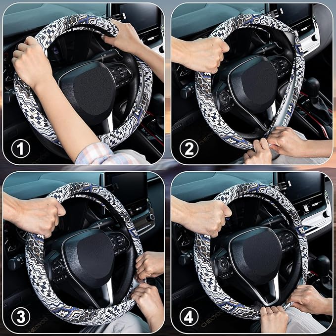 SEG Direct Steering Wheel Cover Handwoven Flax with Geometric Patterns, Anti-Slip & Breathable, Ethnic Style Steering Wheel Protector, Fits 14.5" - 15.25" Wheels