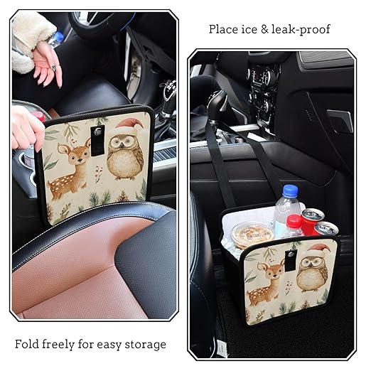 Car Trash Can Organizer Bin with Adjustable Strap for Back Front Seat Console Waterproof Leakproof Collapsible Portable 11 Inch Christmas Deer Owl Pinecorns Leaves Beige