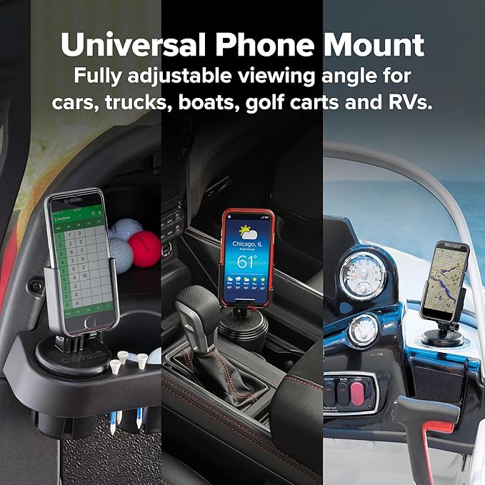 WeatherTech CupFone, Universal Cup Holder Phone Mount for Cars – Adjustable & Secure Fit with Open Access for Charging – Compatible with iPhone, Android - Metal Knobs, Graphite