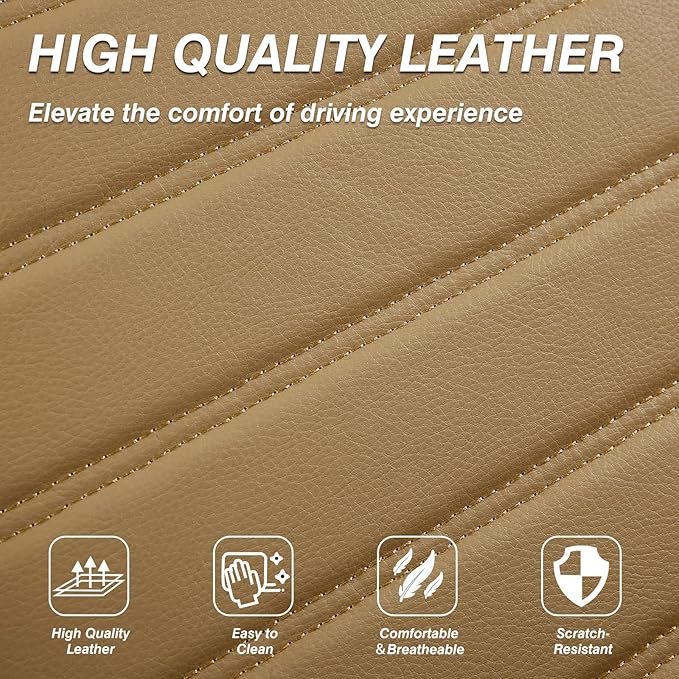 crossmiles Faux Leather Car Seat Covers Full Set, Foam Seat Cover for Car, Universal Car Seat Protector with Waterproof and Breath Fit for Cars, Trucks, SUV, Vans (Beige-Striped)