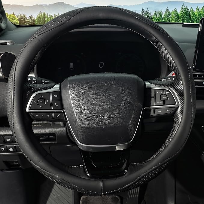 KAFEEK Steering Wheel Cover, Universal 15 inch, Microfiber Leather, Anti-Slip, Odorless, Black Lines