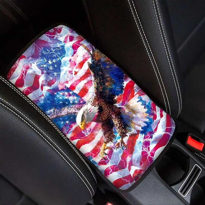 Eagle Print Armrest Cover Pad for Car American Flag Print Car Center Console Cushion Pad Universal Auto Decor for Truck Sedan SUV