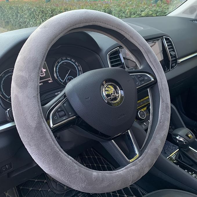 Fluffy Steering Wheel Cover, Short Plush Auto Accessories for Men and Women with Inner Ring Universal 15 Inch (Grey)