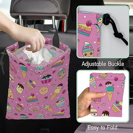 NHNXHWIA Sweets Ice Cream Car Garbage Bag,Kawaii Dessert Waterproof Small Car Trash Bag Hanging Back of Seat,Drawstring Hanging Car Trash Bag with Adjustable Buckle for Car Accessories