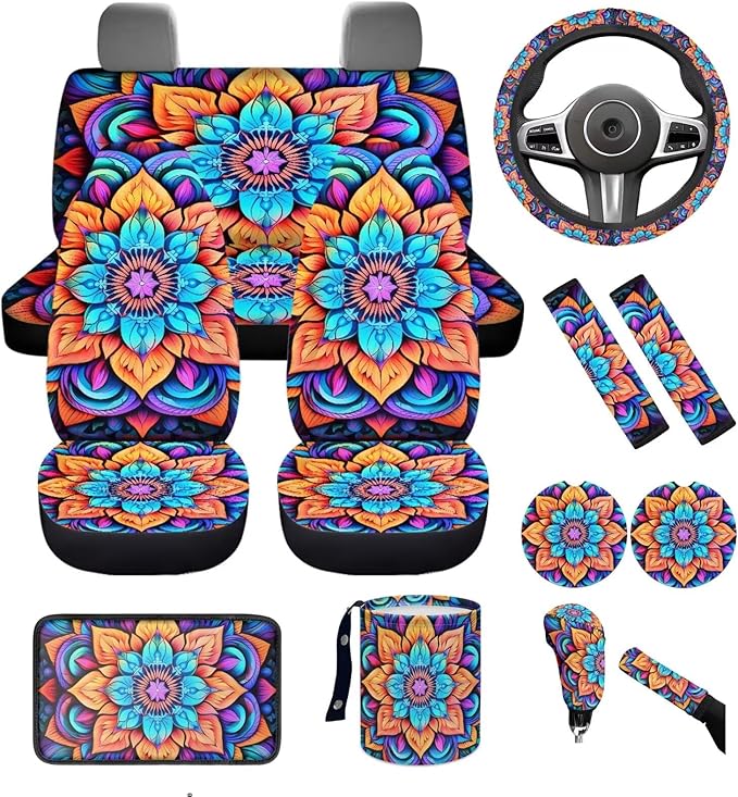 Dngkaoje Hippie Flower Car Seat Cover Set 13 Pack Colorful Hippie Lotus Auto Front Rear Seat Protector Full Set Universal Car Accessories with Seatbelt Shoulder Pads,Steering Wheel Covers,Garbage Bin