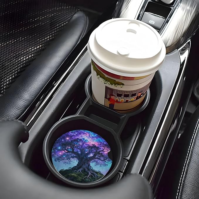 HUWAAI Tree Life Sky Galaxy Car Cup Holder Coasters 2 Pack Universal 2.63 Inch Anti Slip Ceramic Absorbent Coaster with Cork Base and Finger Notch Cute Car Accessories Interior for Women