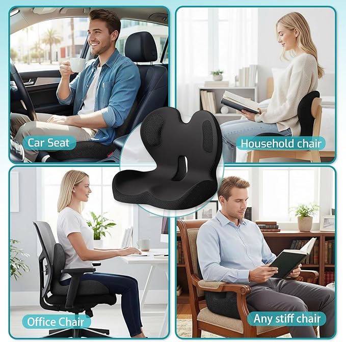 Memory Foam Seat Cushion,Office Chair Cushion with Lumbar Support,L-Shape Ergonomic Cushions with Strap,Non-Slip Sciatica,Hemorrhoids, Tailbone Pain Relief for Office Workers,Driver (Black+Ice Silk)