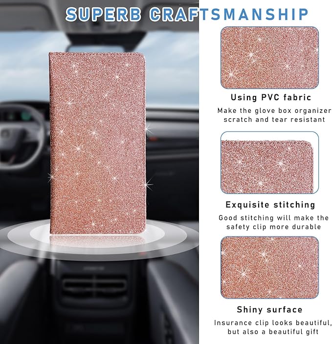 Ziciner Car Registration and Insurance Holder, Auto Card Document Glove Box Organizer with Magnetic Closure, Universal Vehicle Interior Accessories for Cars SUVs (Rose Golden-Large)