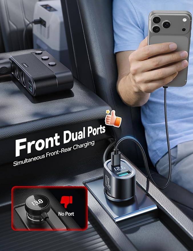 [2026 Upgraded] 7 in 1 Cigarette Lighter Adapter, JOYROOM 179W Car Charger Adapter with PD30W Charge(3.3FT Cable), 24V/ 12V Cigarette Lighter Splitter with Independent Switches & LED Voltage Display