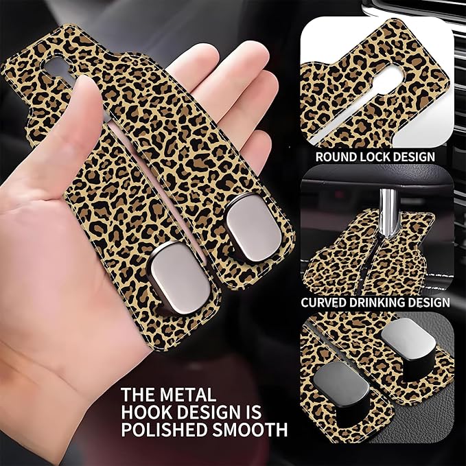 Purse Hook for Car Abstract Brown Leopard 1 Pack Headrest Back Seat Hook Premium Leather Double Metal Hanger Storage Pack Bag Purse Holder Car Accessories