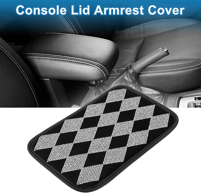Car Armrest Cushion Pad Non-slip 11.42"x7.68" Rhinestone,Flannel White,Black Center Console Lid