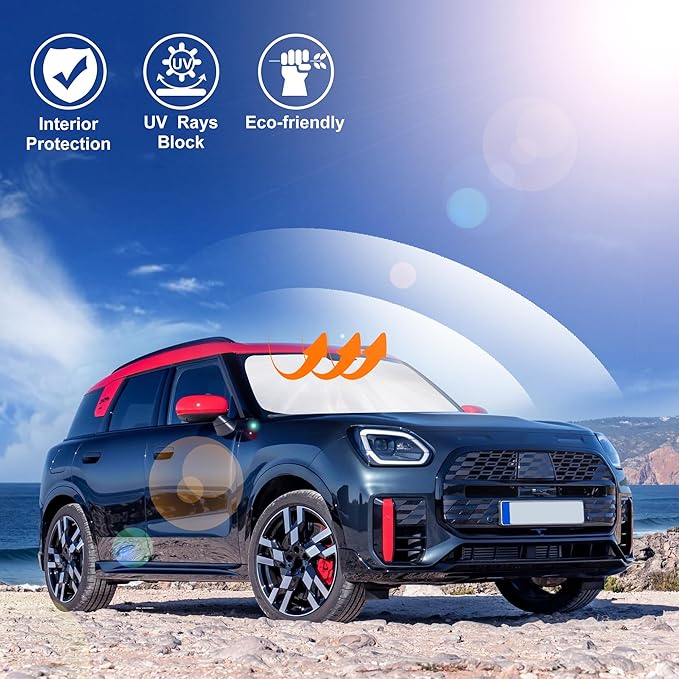 Windshield Sun Shade Custom Fit for 2017-2024 2025 Mini Countryman Cooper F66 SUV Accessories Foldable Sunshade Sun Blocker Protect Car from Sun Rays & Heat Damage Keep Car Cooler