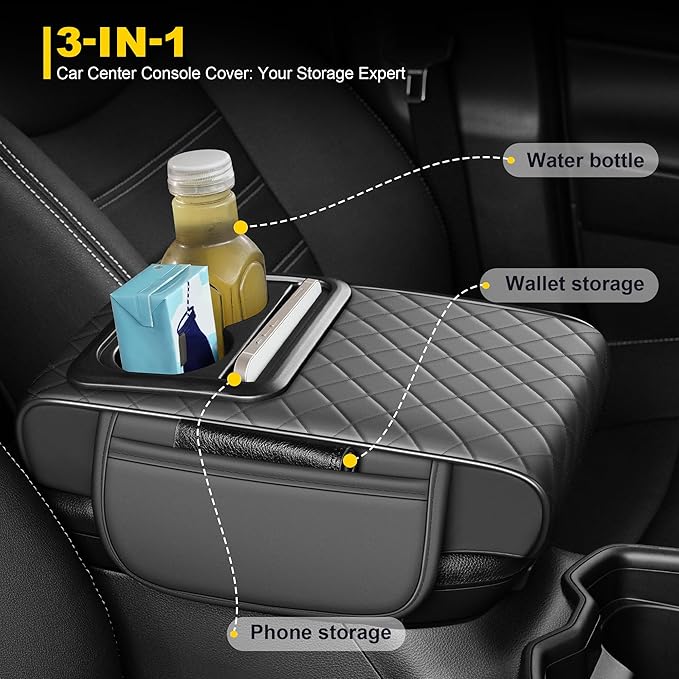 Center Console Cover for Encore: Armrest Cover for Car with 2 Storage Bags - Waterproof Leather Center Console Cover with Cup Holder for Car,Anti-Scratch Auto Armrest Pad Accessory （Grey