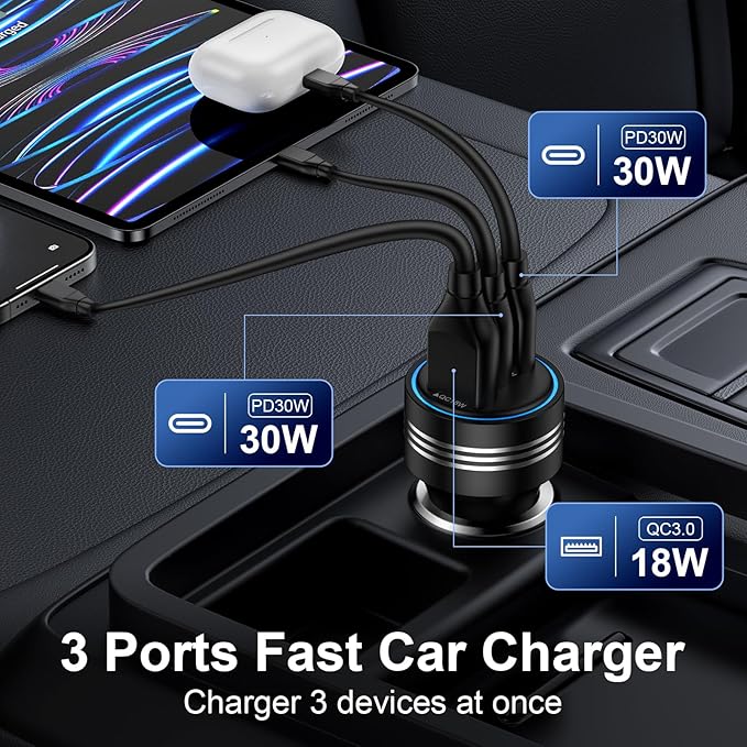 Samsung Galaxy S25 Edge Car Charger,78W 3Port Super Cigarette Lighter Adapter Fast Charging for Galaxy S25 Ultra A36 A17 A16 S24 S23 S22 S21 S20 10, USB C Car Phone Charger for iPhone 16 15 Pro Max