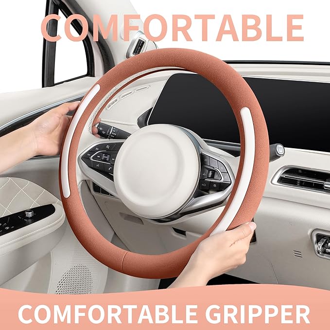 Steering Wheel Cover, Universal 15 inch, Faux Leather Steering Wheel Protector, Anti-Slip, Breathable & Heating-Compatible for Cars Trucks SUVs Vans