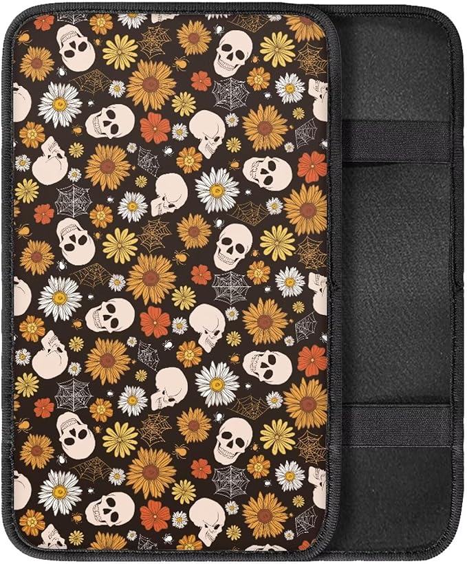 Skull Daisy Car Center Console Cushion Pad Protector Arm Rest Car Comfortable Auto Fashion Auto Interior Armrest Console Accessories Fit Most Cars, Truck, SUV, or Van