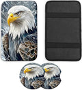 JANENFNA Car Armrest Cover Pads Universal Fashion Cute Auto Center Console Armrest Cover Pad with 2PCS Car Coasters Soft Waterproof Car Armrest Seat Protector for Women,Snowy Eagle