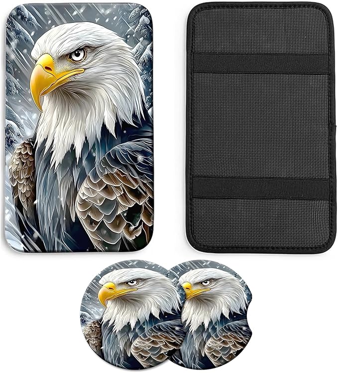 JANENFNA Car Armrest Cover Pads Universal Fashion Cute Auto Center Console Armrest Cover Pad with 2PCS Car Coasters Soft Waterproof Car Armrest Seat Protector for Women,Snowy Eagle
