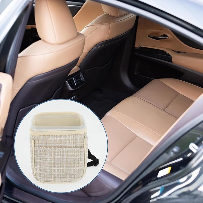 Car Trash Can Portable and Hanging 5.9" Length 4.3" Width 7.5" Height Trash Bin Fabric Beige 1 Pcs