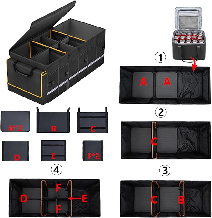 Car Trunk Organizer and Storage with Lid & Removable Leakproof Cooler Bag, Car Accessories 6 Removable Dividers for Custom Space, Collapsible Large Trunk Organizers Interior for SUV Sendan with Cover