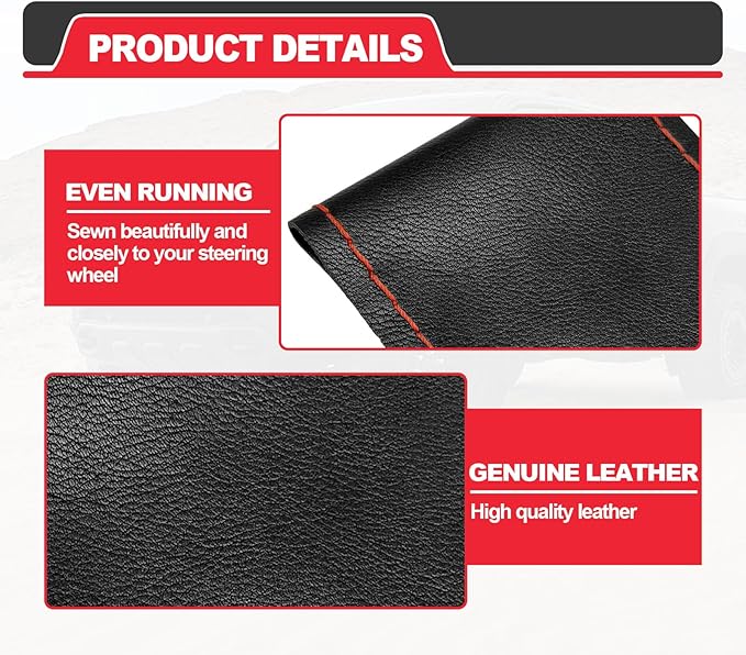 Direct Genuine PU Leather Steering Wheel Cover, 15 Inch Non-Slip Breathable/Soft and Comfortable Feeling, Genuine PU Leather Stitch On Wrap for Car Truck SUV - DIY Sewing with Needle Thread (red)