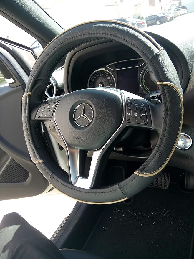 Jdragon Black + Beige Line PU Leather Best Grip Slip-On Steering Wheel Cover 14.25-15" Diameter
