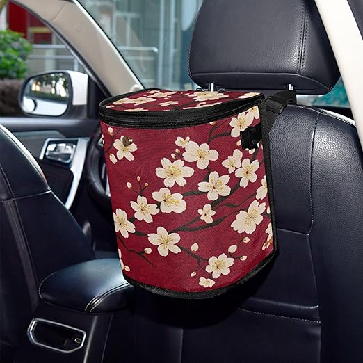 MNSRUU Car Trash Can with Lid, Vintage Floral Cherry Blossom Car Trash Bag Hanging Organizers and Storage for Front Back Seat, Leak-Proof Trash Bin