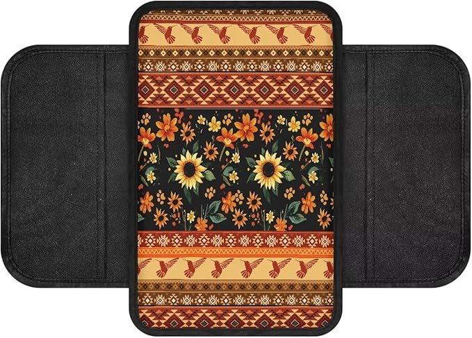 Dreaweet Sunflower Aztec Print Center Console Cover for Car with Storage Pockets,Universal Arm Rest Cover for Car SUV Truck,Car Armrest Cover Center Console
