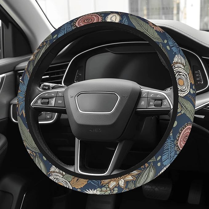 Cute Steering Wheel Cover for Women, Machine Washable Universal 14.5-15.5 inch Non-Slip Grip All Weather Use (Retro Floral Blue)