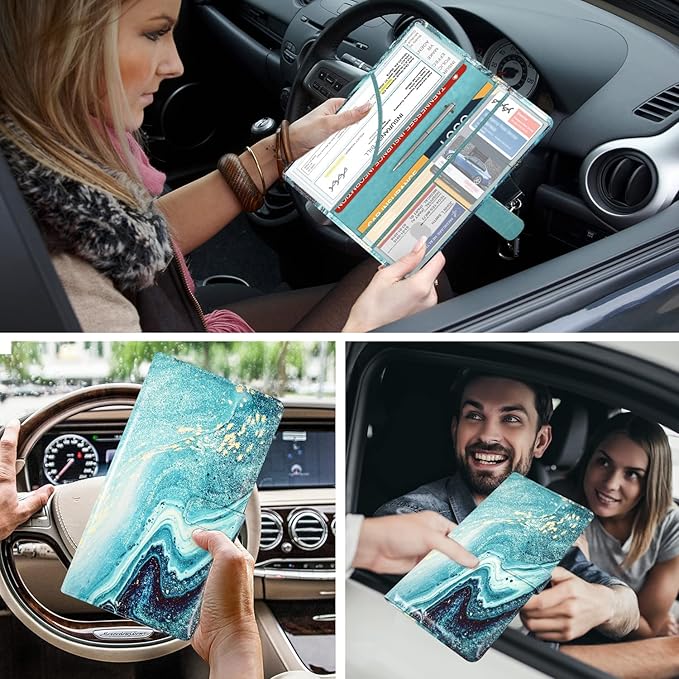 DMLuna Car Registration and Insurance Holder, Leather Vehicle Card Document Glove Box Organizer, Auto Truck Compartment Accessories for Essential Information, Driver License Cards, Blue/Green Marble