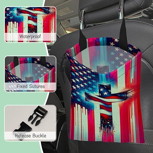 NHNXHWIA American Flag Cross Car Garbage Bag,Waterproof Small Car Trash Bag Hanging Back of Seat,Drawstring Hanging Car Trash Bag with Adjustable Buckle for Car Accessories