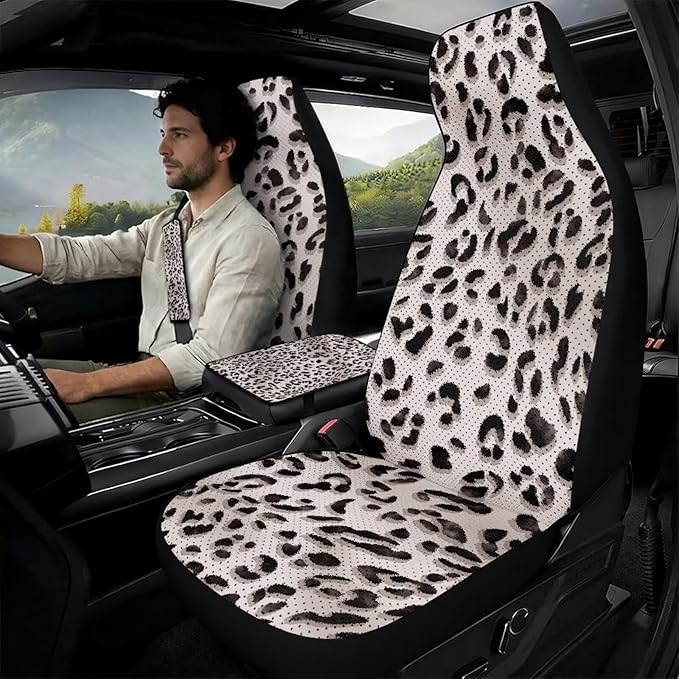 Qeluxign Leopard Print Car Accessories Set for Women Center Console Armrest Pad Seat Belt Cushion Universal Car Accessories for SUV Van Truck