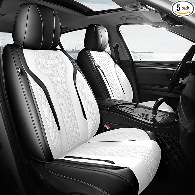 FEINEPRO Leather Car Seat Covers Full Set, Breathable Faux Leather Seat Covers for Cars SUV Sedan Waterproof Blackwhite